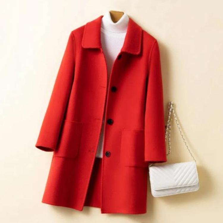 Abrigo de Lana Cálido para Mujer Corte Holgado Solapa Simple Chaqueta Térmica de Manga Larga con Doble Bolsillo Para Ir al Trabajo Cita