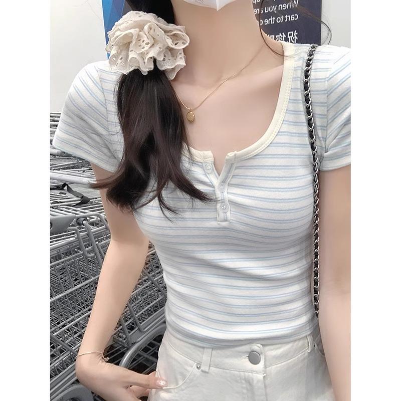 Korean Contrasting Stripes Front Shoulder Short-sleeved T-shirt Women's Summer Niche Design Sense Slim Fit Small Versatile Top Ins