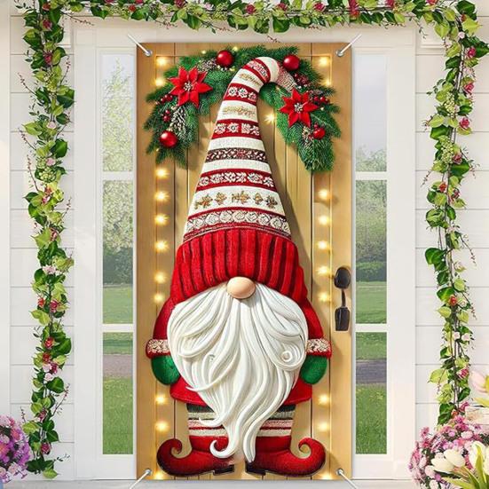 Christmas Door Cover Funny Santa Claus/Gnome/Snowman/Wreath Hanging Backdrop Door Banner 70" X 35" Winter Porch Sign for Home Yard Wall Decor