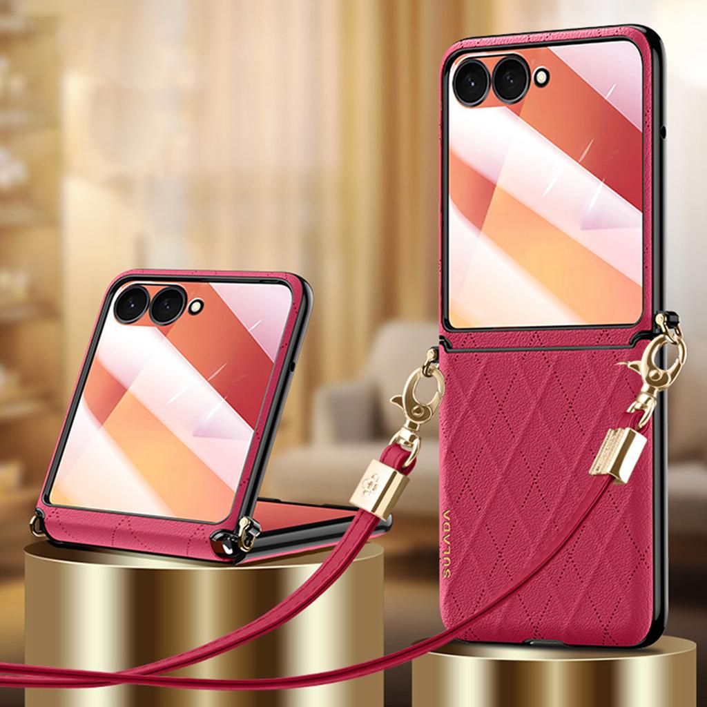 SULADA For Samsung Galaxy Z Flip7 5G Case Rhombus Leather+PC Phone Cover with Shoulder Strap