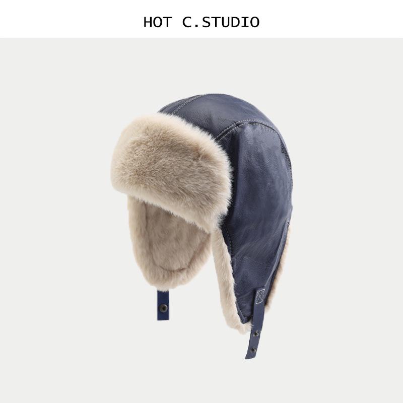 

Korean Retro PU Leather Aviator Lei Feng Hat - Warm Plush Ski Hat for Men & Women, Autumn/Winter Ear Protection