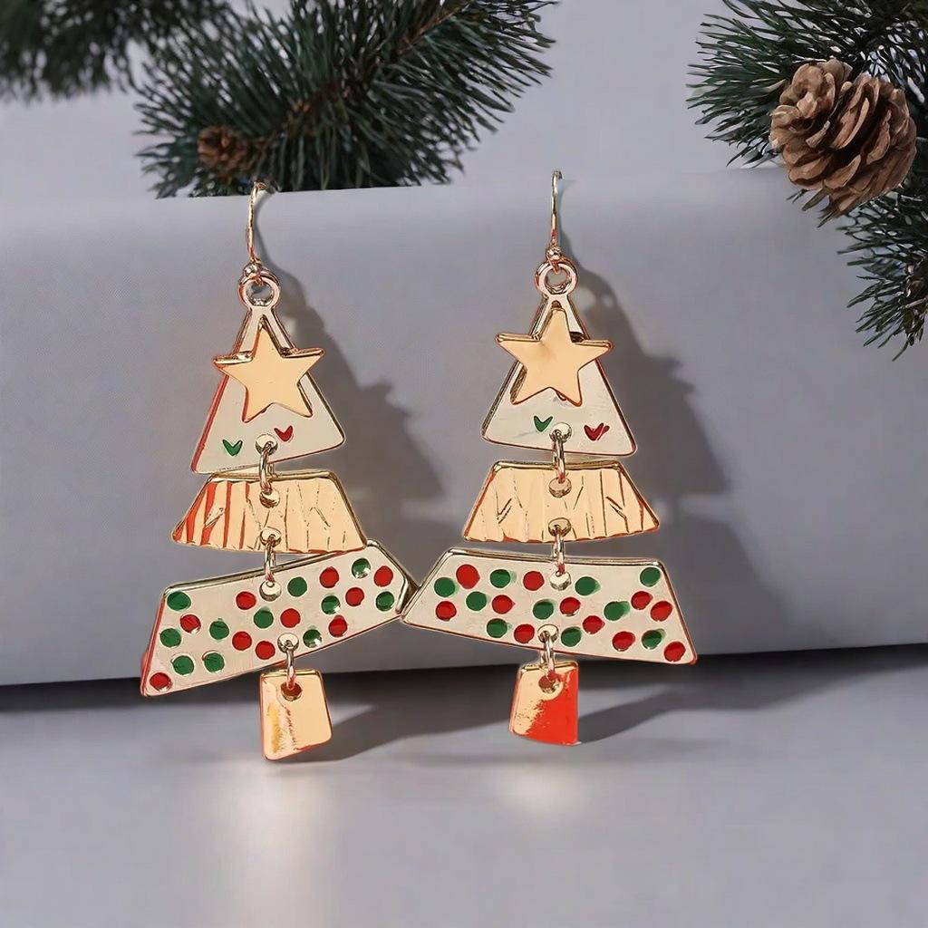 Vintage Metal Christmas Tree Long Drop Earrings for Fashion Women Female Holiday Party Jewelry Acccessories Christmas Gift