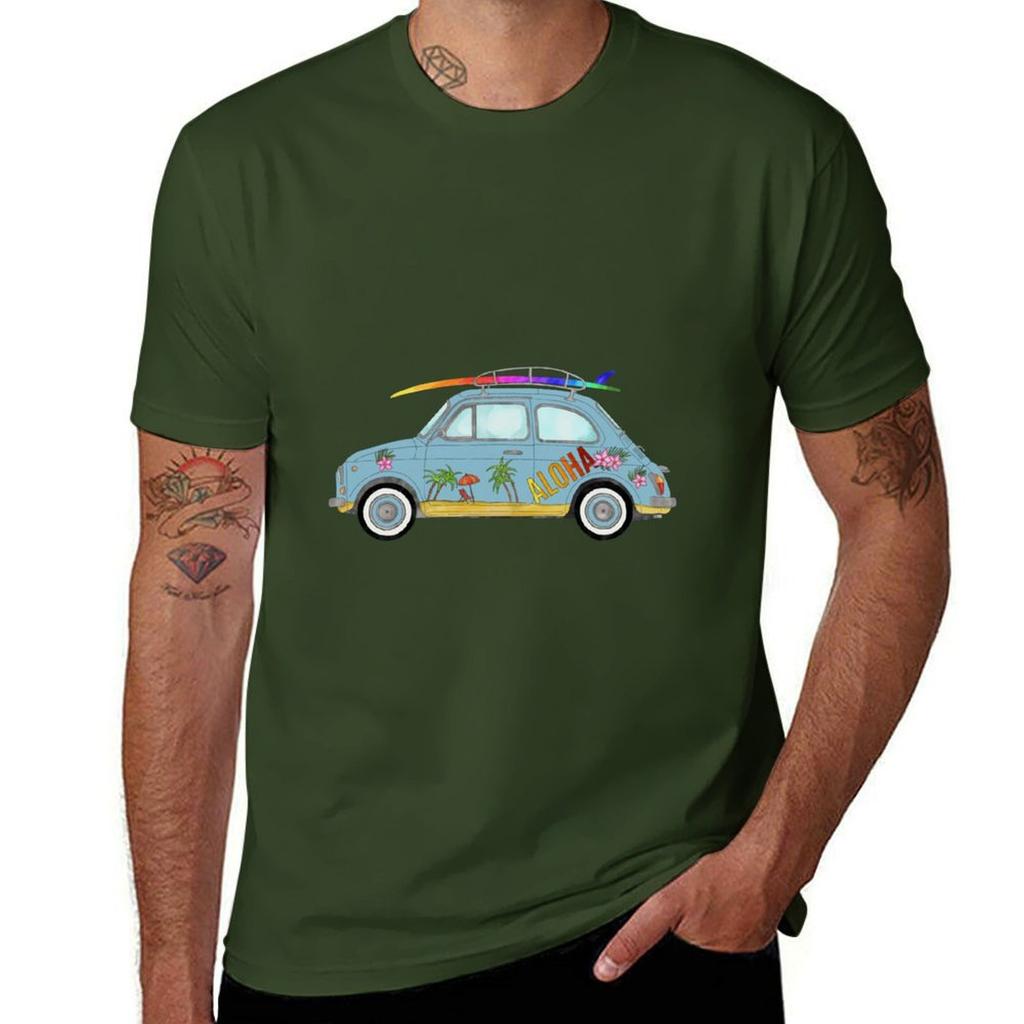 Fiat 500 with Surf Board T-Shirt Blanks Graphics Customs Heavyweight T Shirts for Men