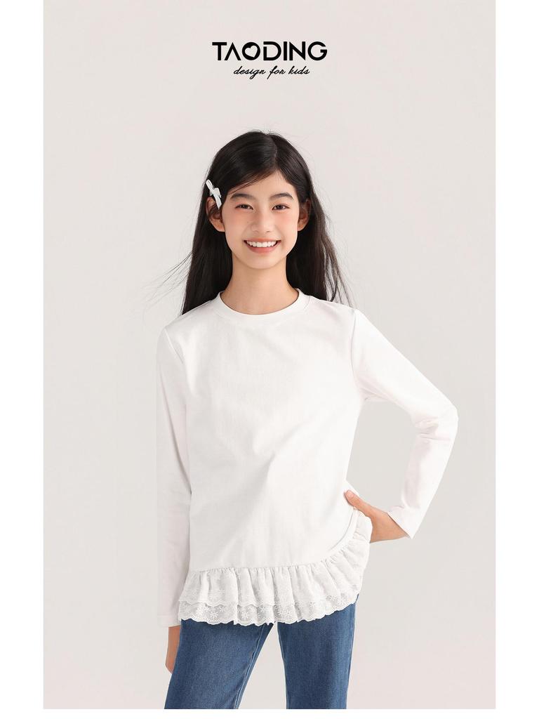 Tao Town Mädchen Langarmshirt mit Spitzennähten - Koreanischer Stil Frühling/Herbst Trend