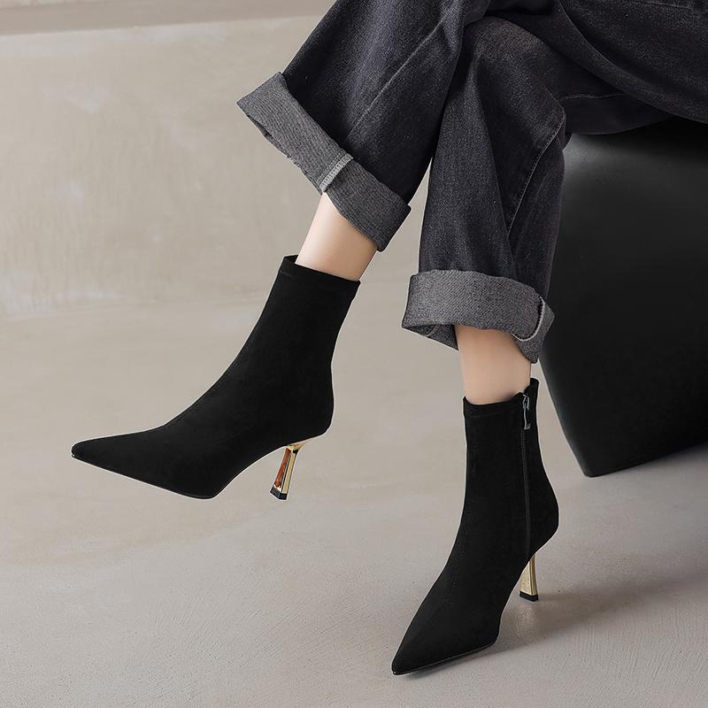 Fashion 2024 New Autumn Women Boots Pointed Toe High Heel Shoes Women Concise Zipper Stretch Boots for Women Fall Shoes