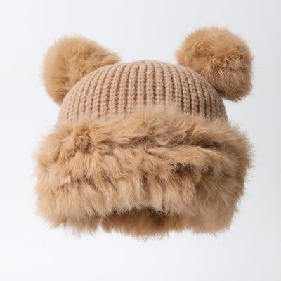 Cute Bear Ears Wool Hat Women'S Winter Year Plush Warm Big Head Circumference Knitted Hat