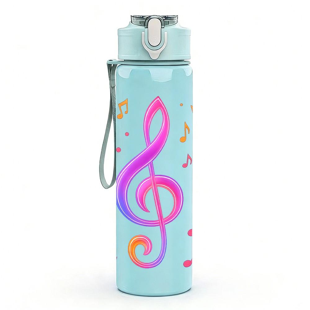 1PC Colorful Treble Clef Music Note 750ml Color Plastic Sports Water Bottle Leakproof Flip Straw Lid Suitable for Sports Office Home Use