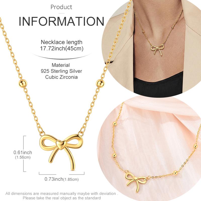 Original 925 Sterling Silver Gold Bow Necklace For Women Cute Simple Exquisite For Party Jewelry Gift