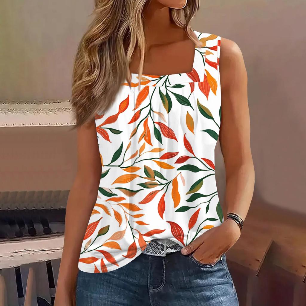 Damen Plissiertes Quadratischer Ausschnitt Ärmellos Tank Top Blumenmuster T-Shirt