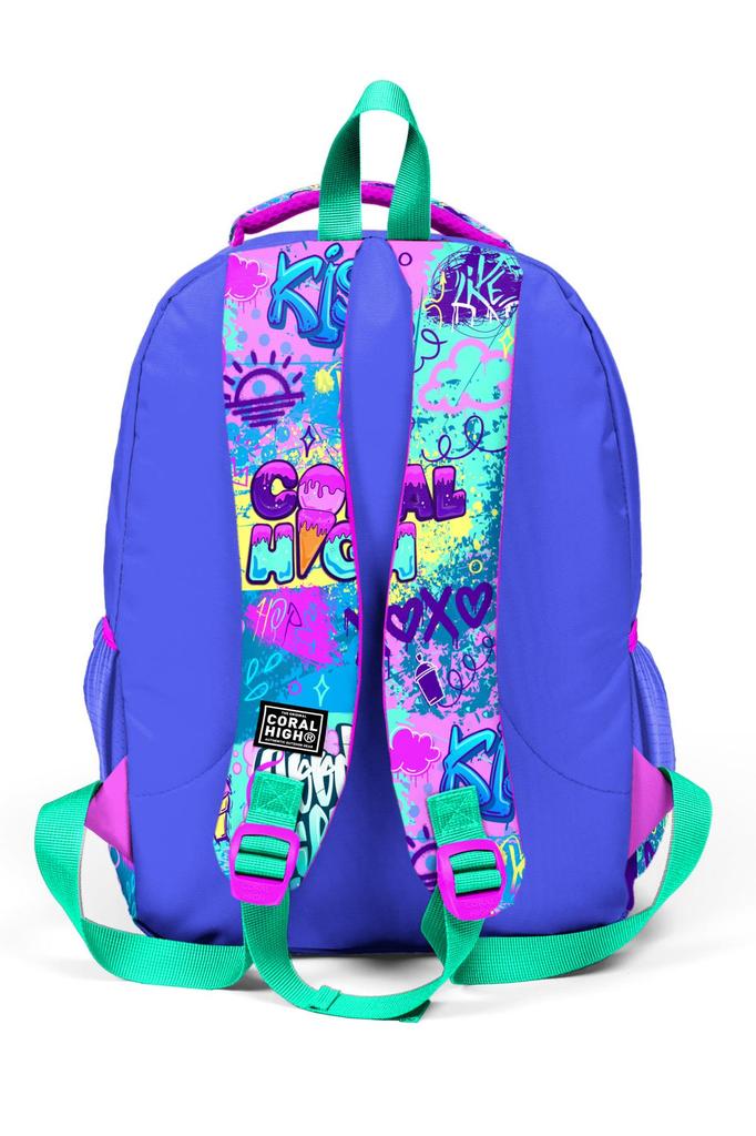 Coral High Kids Lavender Water Green Graffiti Patterned Three Compartment School Backpack 14414