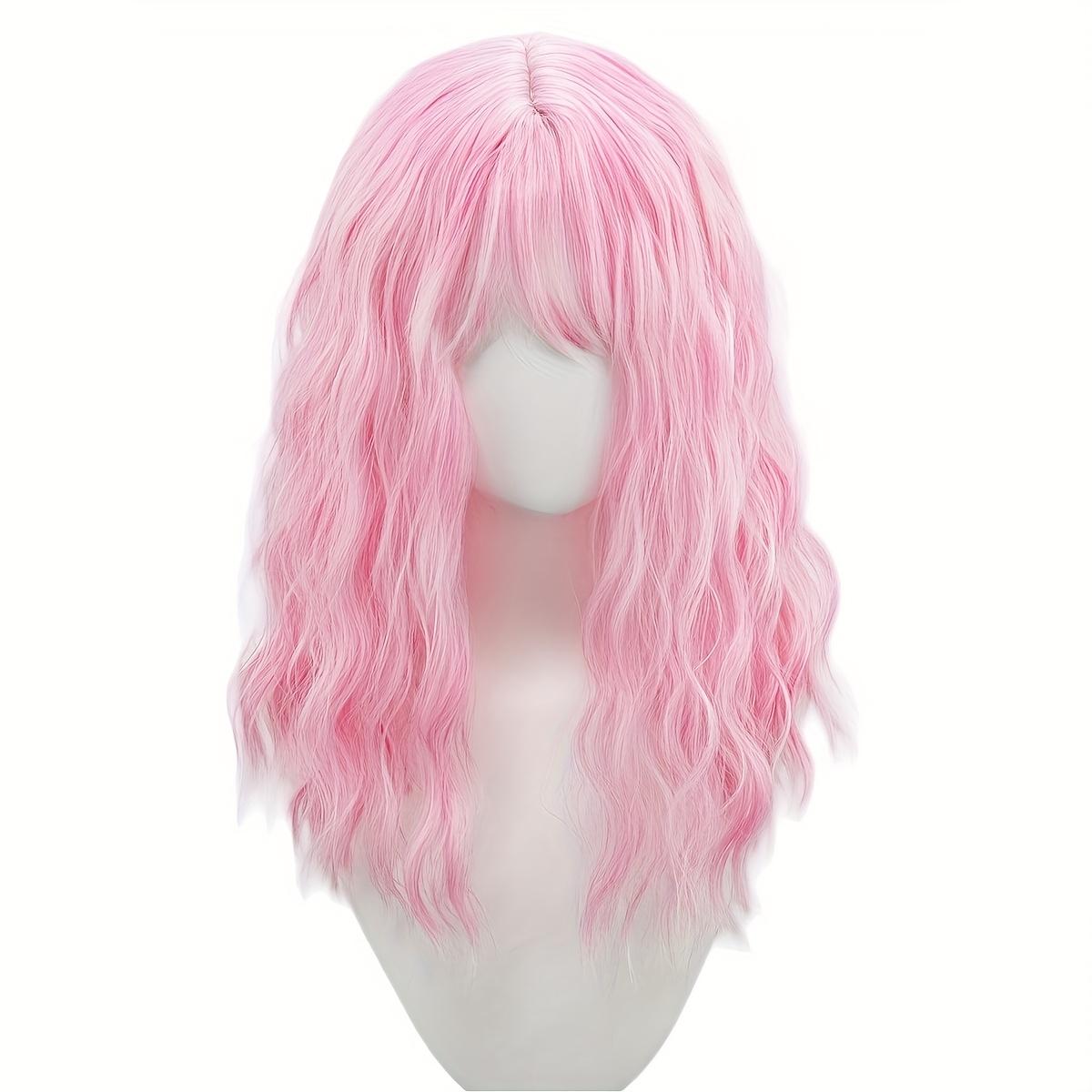 Pink Gradient Wavy Curly Long Wig with Air Bangs Natural Fluffy Synthetic for Daily Cosplay