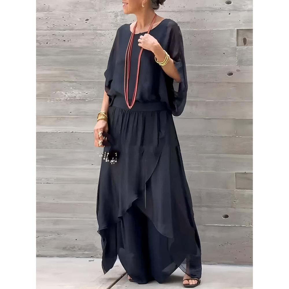 Europe, America 2026 Summer New Station Loose Comfortable Top Split Wide Leg Pants Chiffon Casual Suit