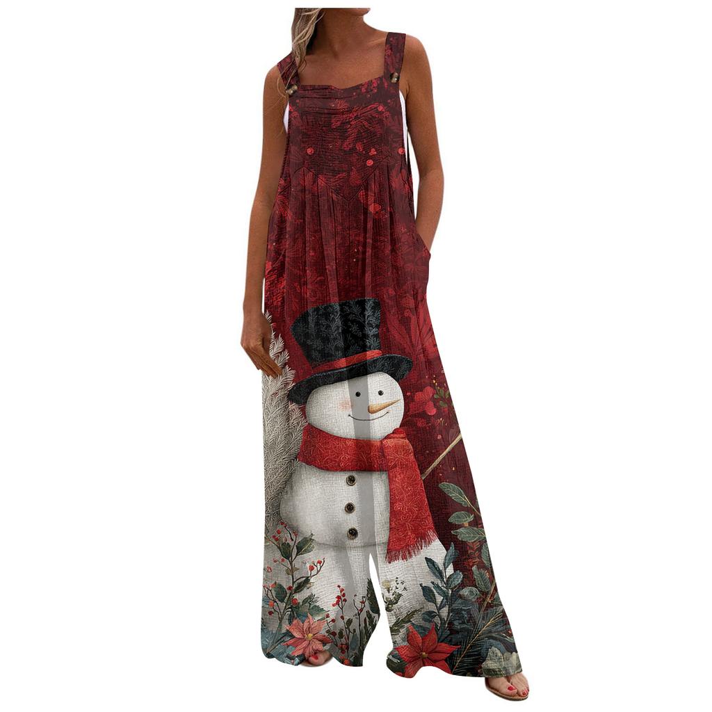 Women's Christmas Print Solid Wide Leg Strapless Tank Pocket Casual Onesie