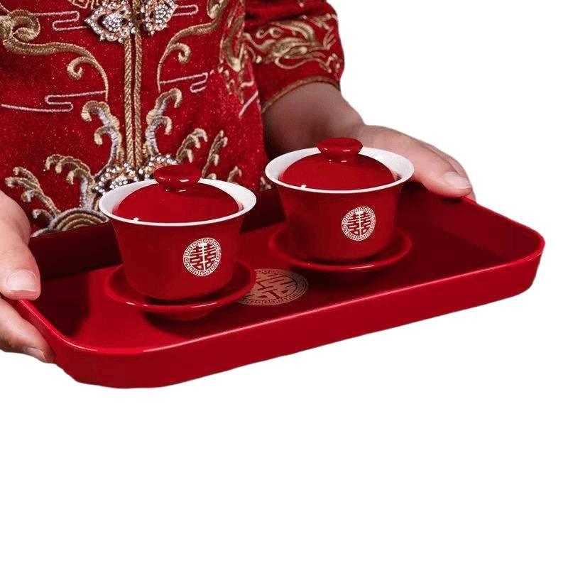 Red Wedding Tea Set: Cup & Bowl Pair with Chopsticks - Perfect for Dowry & Toasting