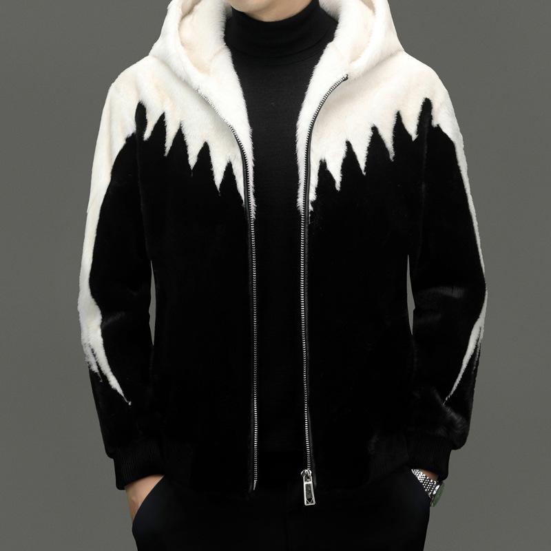 Men's Winter Golden Sable Faux Fur Hooded Leather-Wool Coat