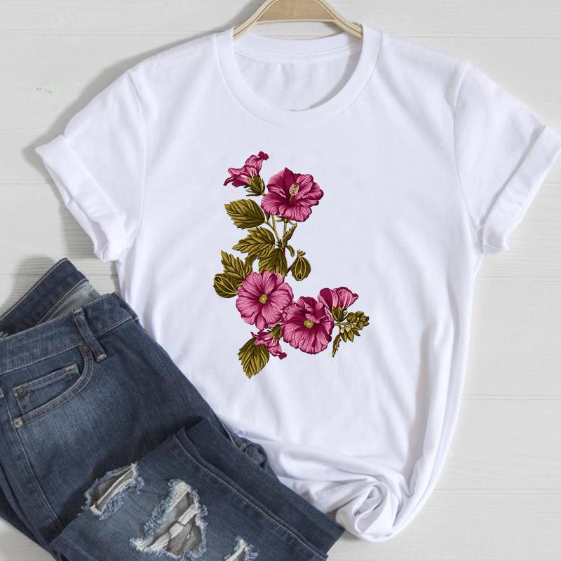 (European Size)90s Fashion Tee Clothing Casual Top Flower Lovely Trend T Shirt Short Sleeve Women Print Lady Female Graphic T-shirt