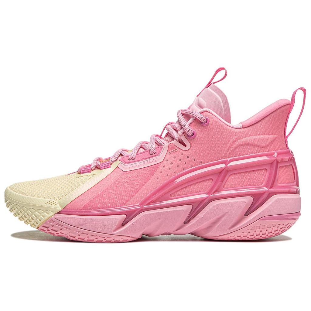 New LiNing Anti five 4 Cushioned Wear Resistant Breathable Mid Top Basketball Shoes Men's Pink Yellow ABFU015-2