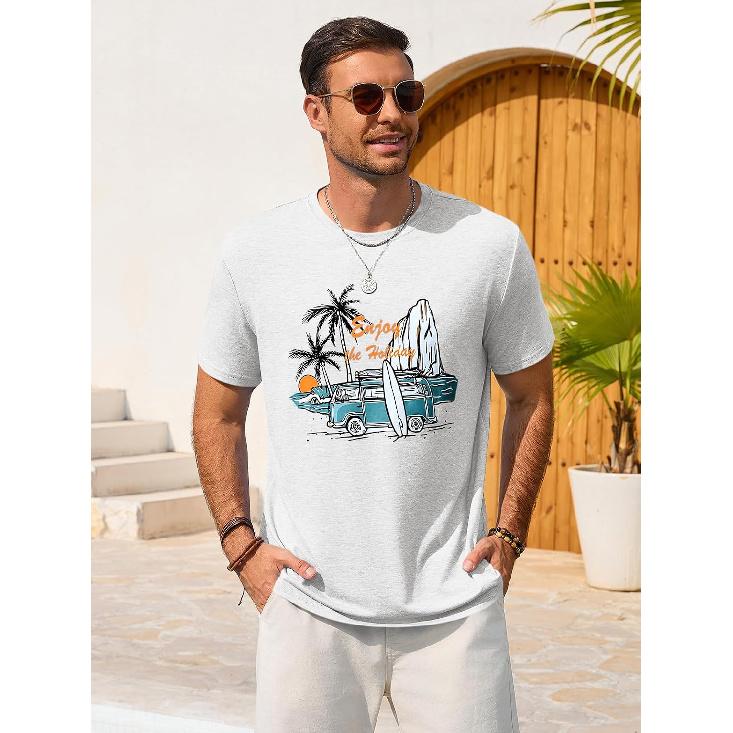 Runcati Mens Short Sleeve T-Shirts Graphic Crew Neck Beach Printed Tees