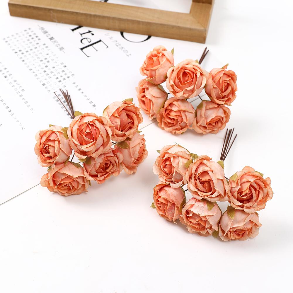 6 szt. Sztuczny Kwiat Mini Bukiet Róż do Dekoracji Domu Weselnego Ręcznie Robiony Scrapbooking DIY Wianki Rzemiosło Sztuczne Kwiaty
