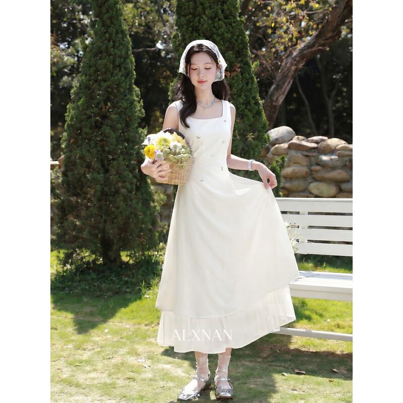 Luxiangnan French Square Neck Apricot Maxi Dress L