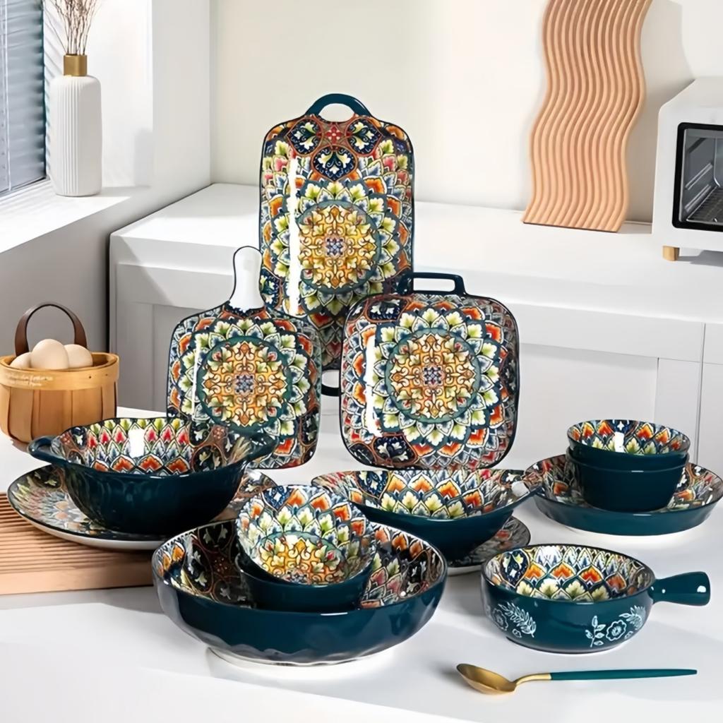 Bohemia Ceramic Plate 7-piece Set, High-value Dessert Plate, Retro Steak Plate, Pasta Bowl, Salad Bowl, Artistic Soup Bowl