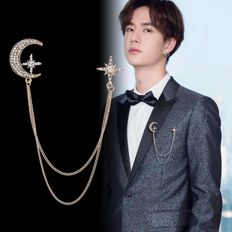 Tassel Moon Star Brooch Tassel Crystal Pin Korean Suit Men'S Clothing Accessories