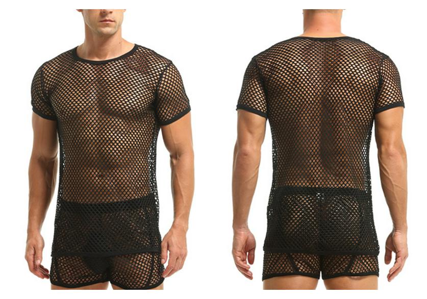 European Men's Fishnet Round Neck Short Sleeve Casual Loose Plus Size Top