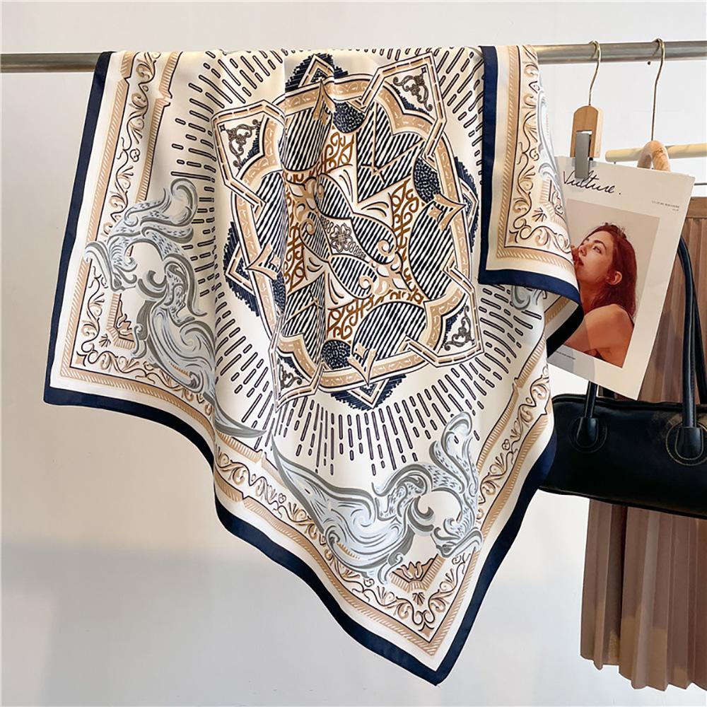 

35.43 Retro Print Square Scarf Elegant Satin Silk Feeling Shawl Stylish Women s Decorative Beach Towel 90x90CM