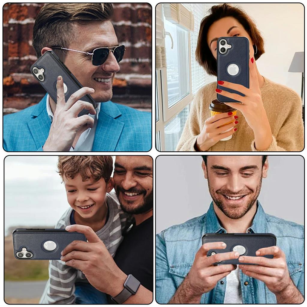 For iPhone 16 Case Logo View Litchi Texture PU Leather Coated PC+TPU Phone Cover