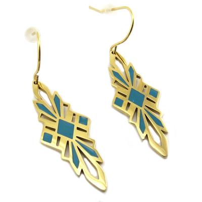 [P7737] - Designer Steel Earrings 'Boho' Turquoise Gold - 30x12 Mm