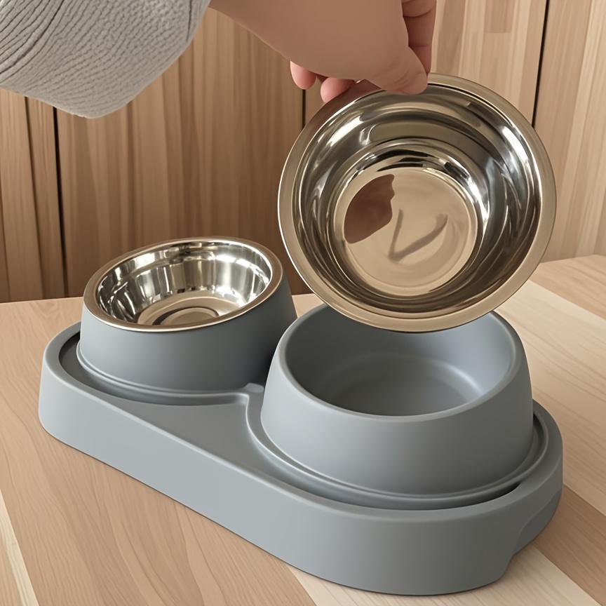 Stainless Steel Dual Pet Bowl, Suitable for Dogs and Cats - Non-Slip Base - Anti-Spill Slanted Rim Cat Bowl - Perfect for Food and Water