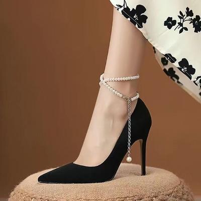 Lady High Heels Spring New Pointed Thin Heel Pearl One-word Buckle Single Shoes Shallow Mouth with Skirt Shoes