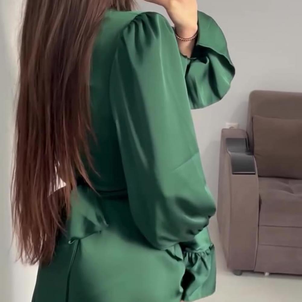 Fall Spring Lady Dress Puff Sleeves Tight Waist Stand Collar Pure Color A-line Pleated Shopping Commuting Party Prom Maxi Dress