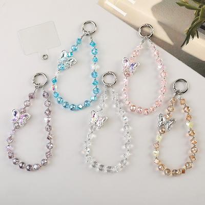 Ins Butterfly Crystal Short Phone Chain Keychain Delicate Beaded Luxury Small Bag Charm Women
