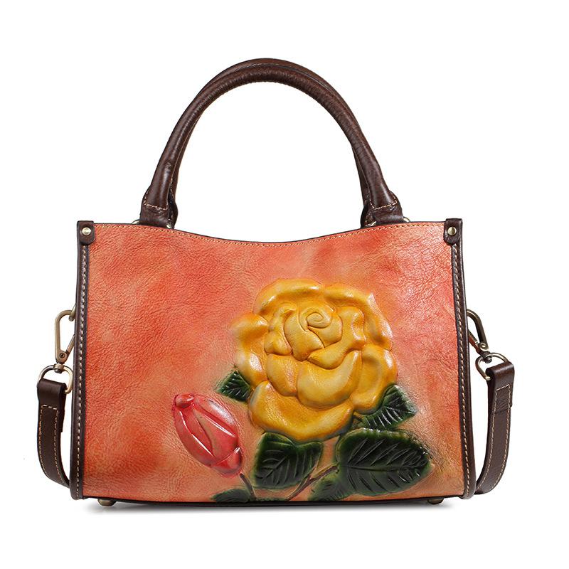 Johnature Retro-Schulter- und Umhängetaschen aus Rindsleder mit Prägung, lässige Damenhandtasche aus echtem Leder mit großer Kapazität