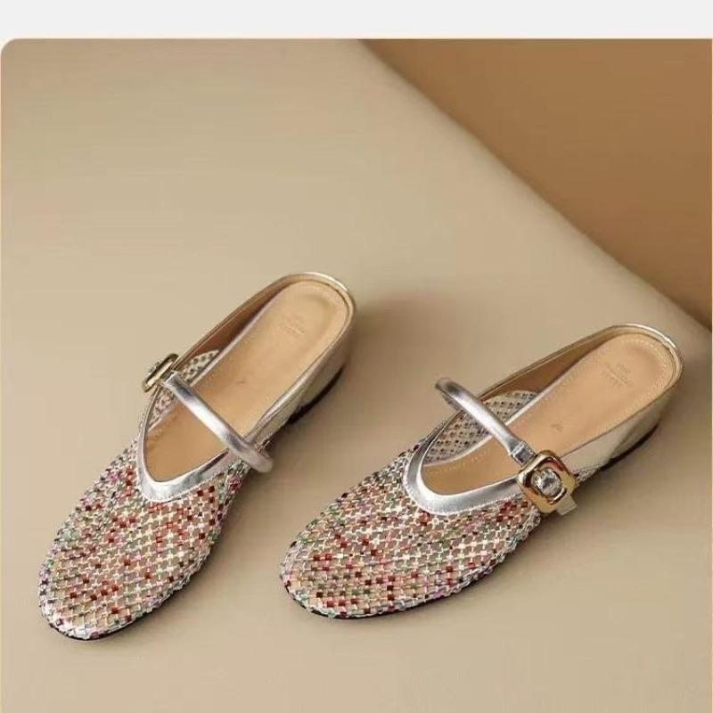 Fashion Round Head Shallow Mesh Hollow-out Breathable Wrapped Head Slippers for Women Summer Heightening Rhinestone Half Drag