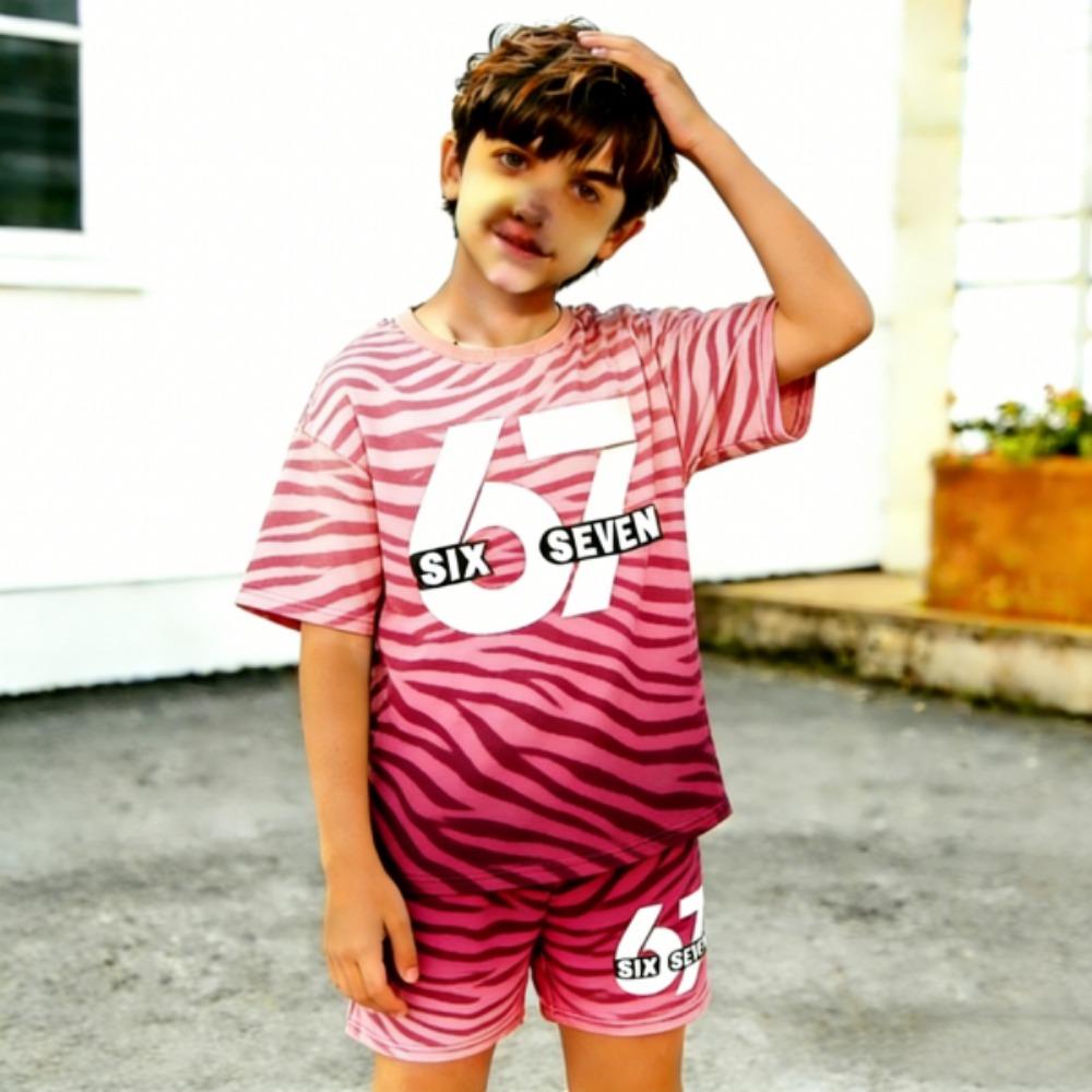 Gradient Zebra Color 67 Printed Kids T-shirt and Shorts 2 Piece Set Summer Casual Outfit for Boy's and Girl's Kids Clothing Top