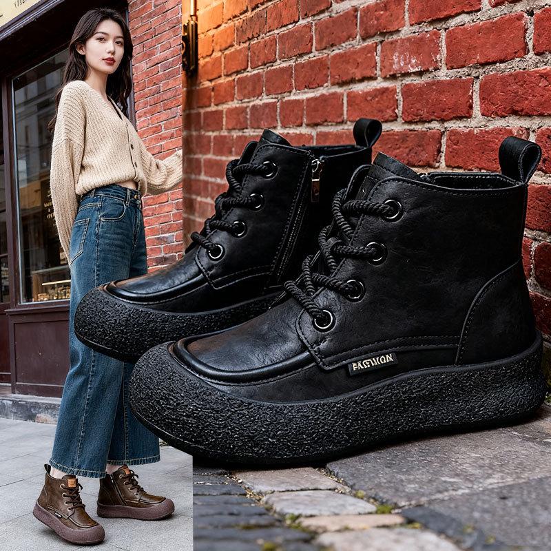 Retro Short Boots Women's Autumn and Winter New Thick-soled Round Head Lace-up Martin Boots Flat-bottomed Velvet Warm Women's Boots