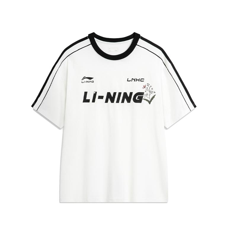Li Ning Letter Stripe Print Loose Casual Round Neck Short Sleeve T-Shirt Unisex Tops White AHSU657-1(TEAM702-3.4.20)