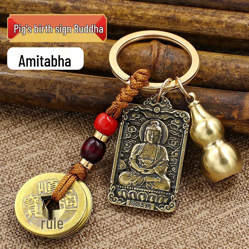 Brass Zodiac Amulet Keychain: Eight Guardian Gods with Hollow Copper Gourd Pendant