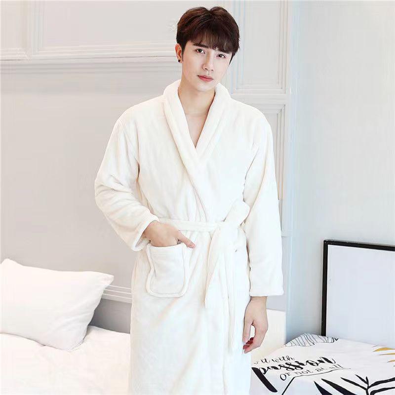 Men's Mid-Length Plush Coral Fleece Flannel Bathrobe for Autumn/Winter