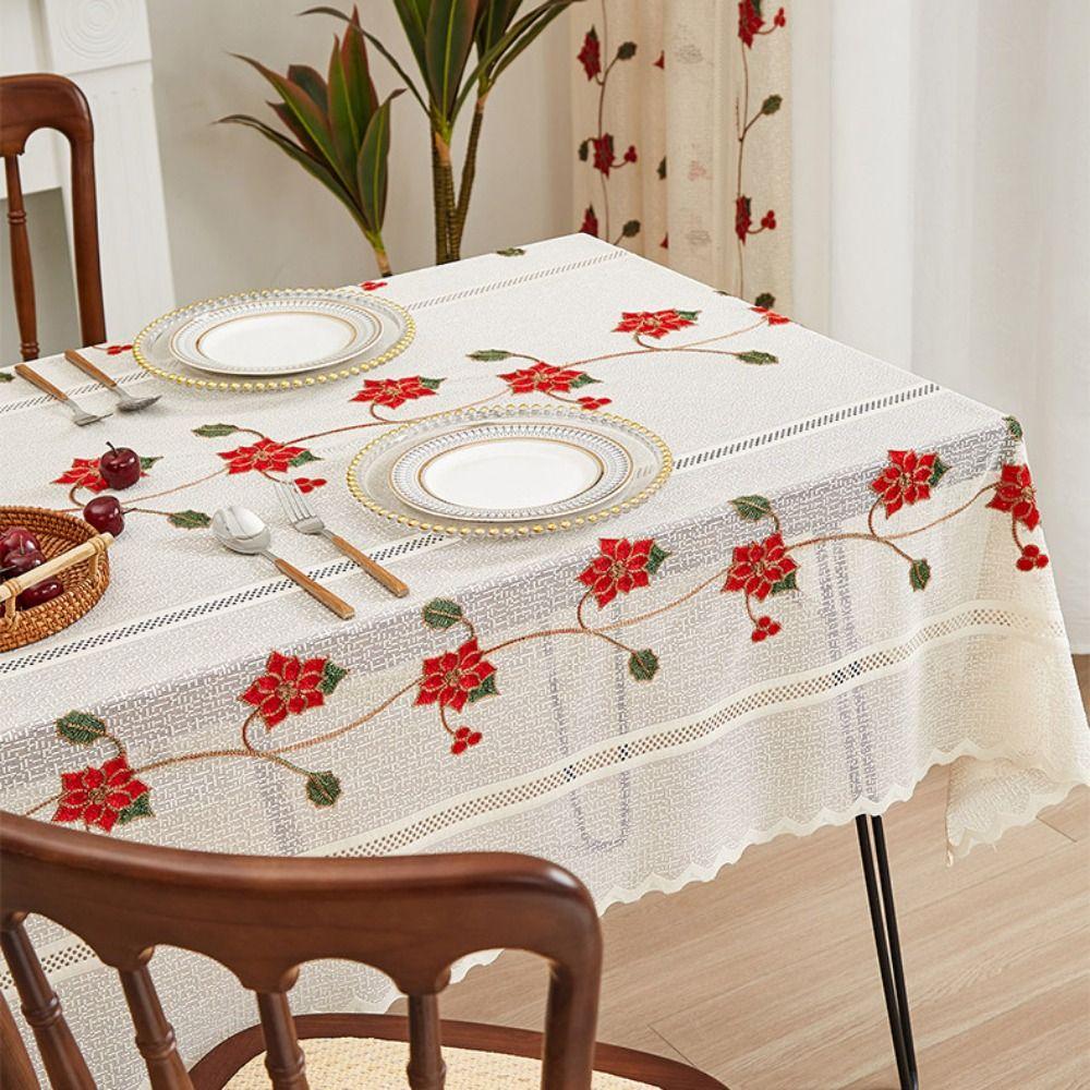 Flower Embroidery Table Cover Beige Table Runner Christmas Lace Tablecloth  Table Decorations