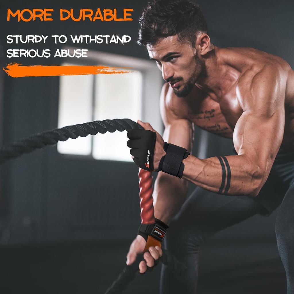 Workout Gloves, Heavy Duty Cowhide Padded Weight Lifting Gloves with Wrist Support, Full Palm Protection & Silicone Grips Gym for Weightlifting