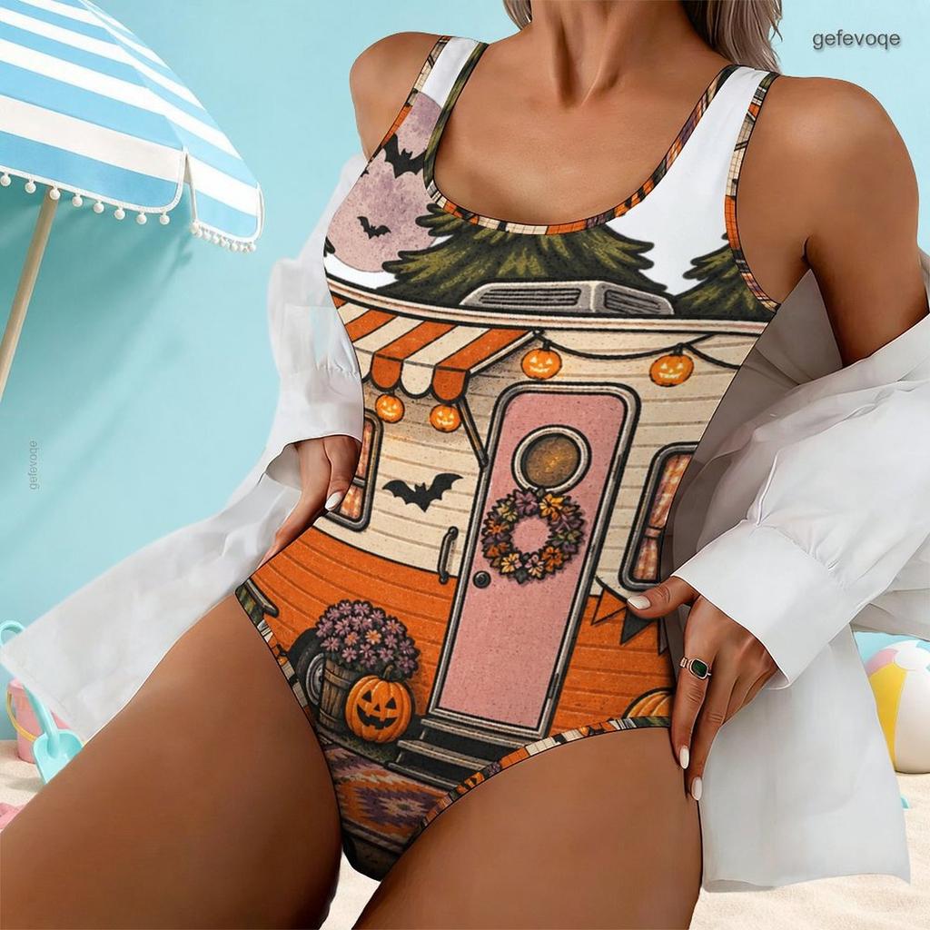 Women Plus Size Scoop Neck Wide Straps One Piece High Cut Bee Pumpkin Printed Swimsuit