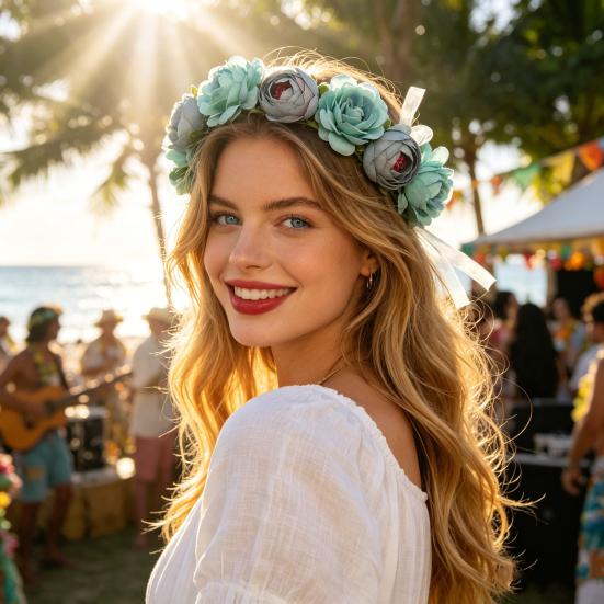 Bridal Flower Crown Bohemian Rose Flower Crown Summer Holiday Flower Headband Floral Hair Accessory for Wedding Bridesmaid Beach Vacation