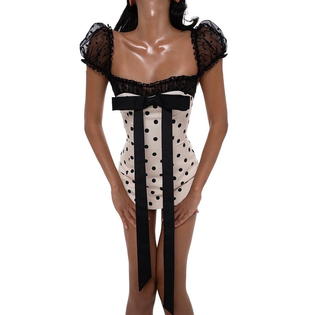 2026 European and American summer new Spice Girl polka dot design pure desire bow waist slim trend short skirt women