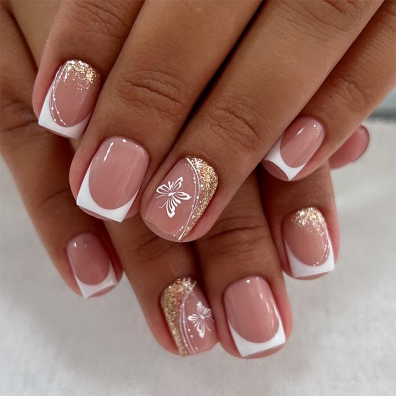 

French Gold Glitter Butterfly Press-On Nails - Short Length Women s Manicure Set