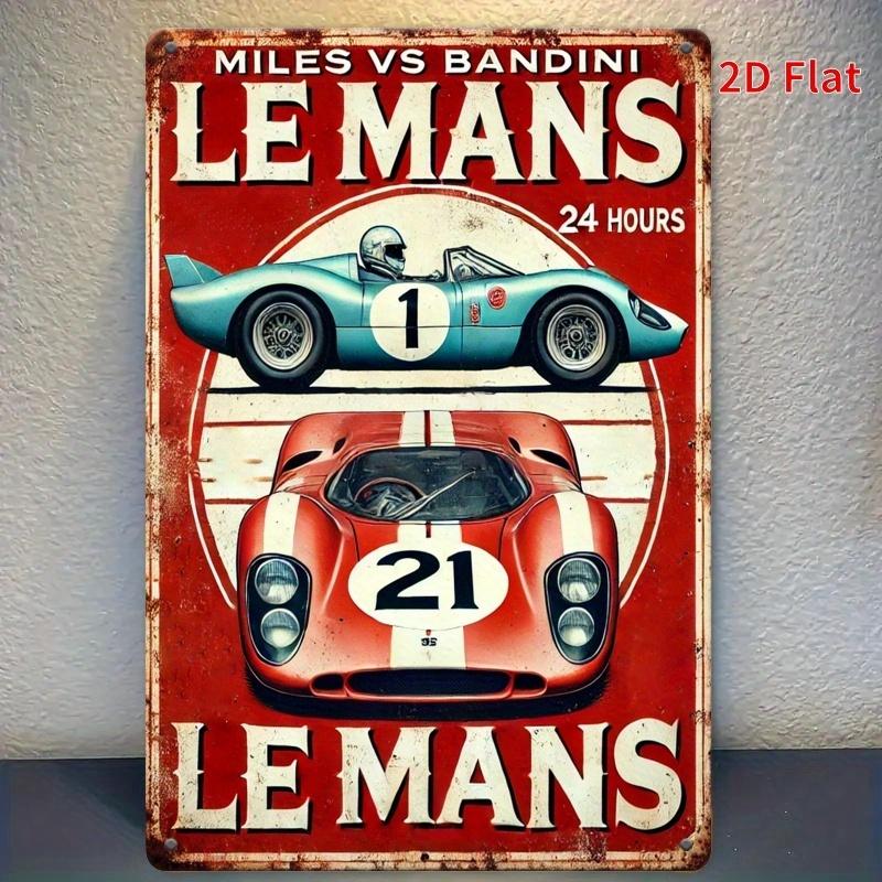 Винтажная жестяная табличка Le Mans  Рустикальное железное металлическое настенное искусство с дизайном классического гоночного автомобиля  24 часа  Текст Miles vs Bandini  Гараж 20x30cm（7.8x11.8inch）