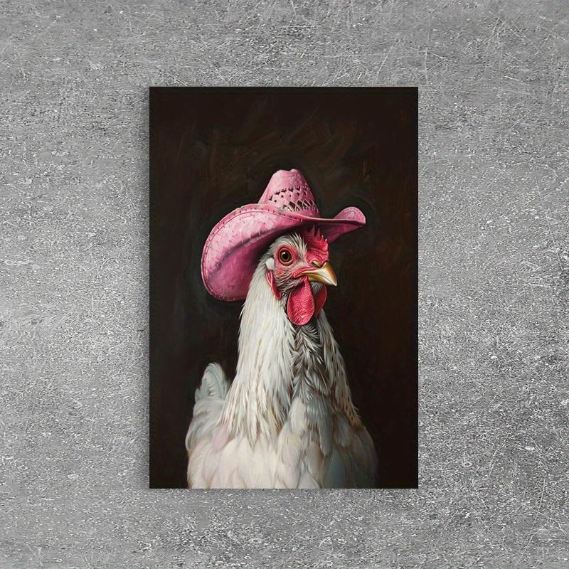 Wooden frame - chicken wearing pink denim hat print canvas wall art poster decoration wall art - including hanging hardware