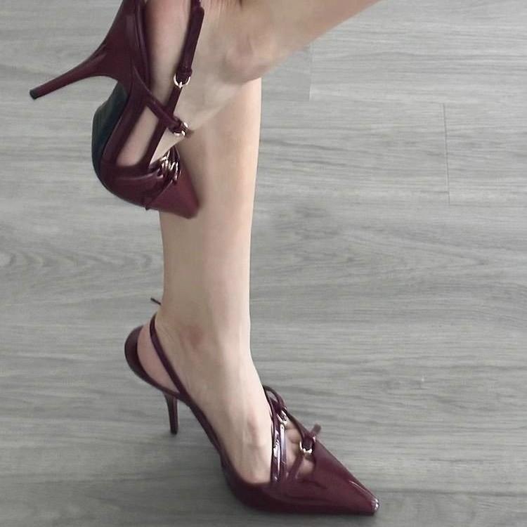 One word with thin heel small square head high heel sandals burgundy bag head fashion European and American temperament high heels